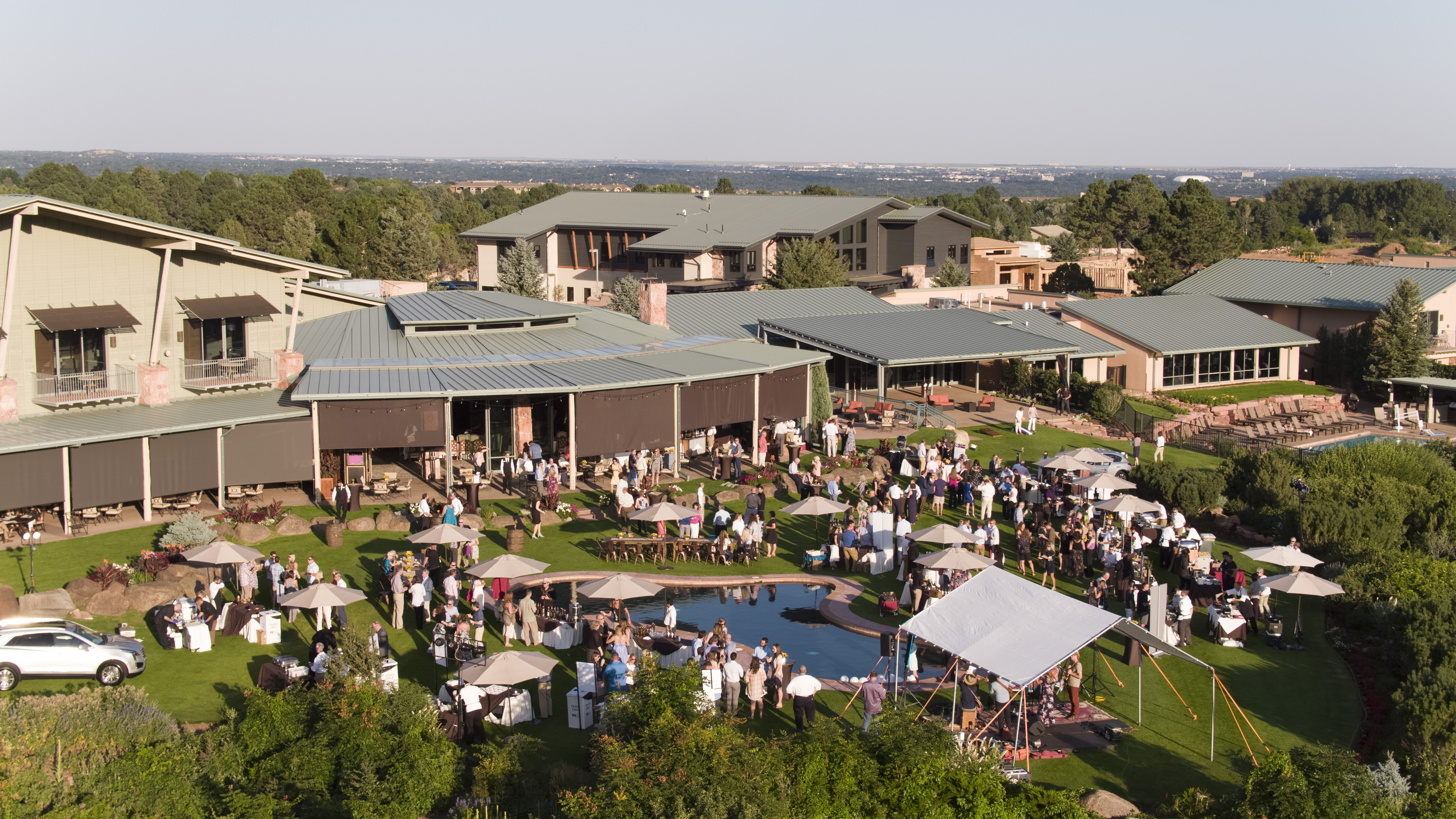 Aerial view of an event being hosted at Garden of the Gods Resort & Club