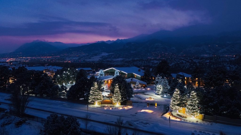 festive lighting in the night time at the Garden of the Gods Resort & Club in Colorado Springs
